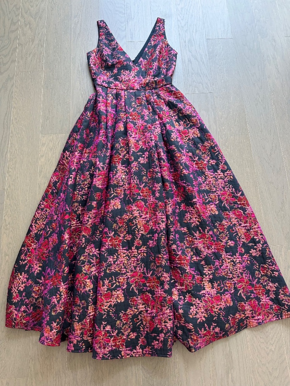 Badgley Mischka Pink Floral Jacquard Brocade Gown Maxi Dress Plunge - Size 2 - Picture 2 of 10